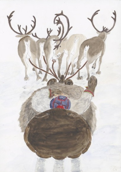 Kunst med motiv av en same som sitter i slede bak kjørerein.