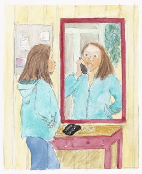 Tegning av en dame som snakker i telefonen foran speilet.