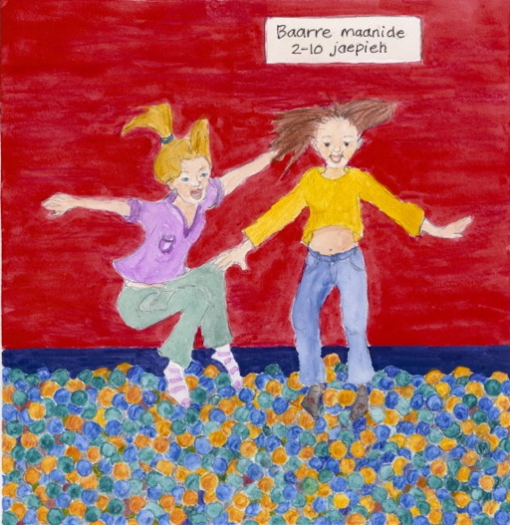 Maleri med motiv av to barn som hopper.