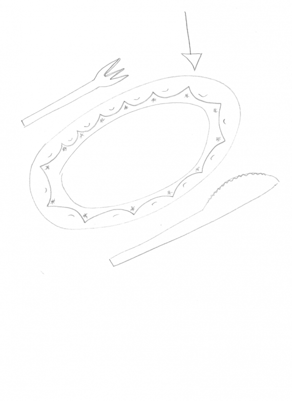 Tegning av en tallerken og bestikk, med fokus på tallerkenen.