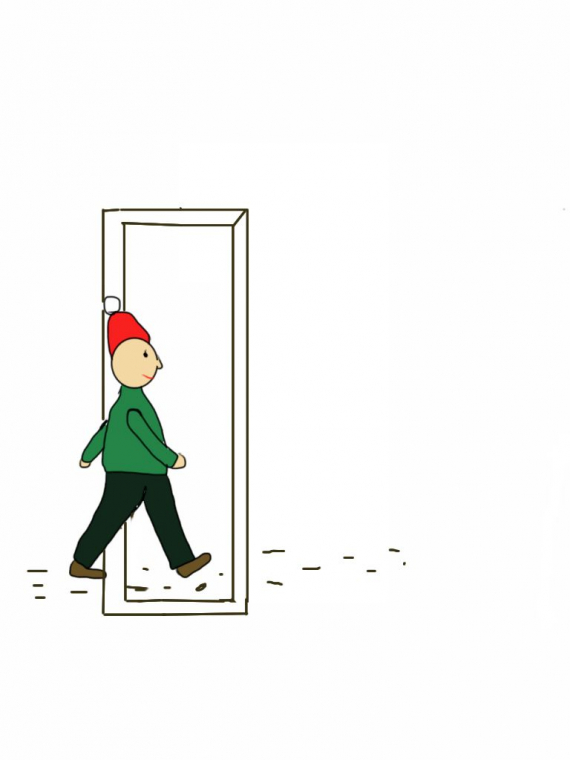 Tegnet bilde av en mann som går gjennom en dør.