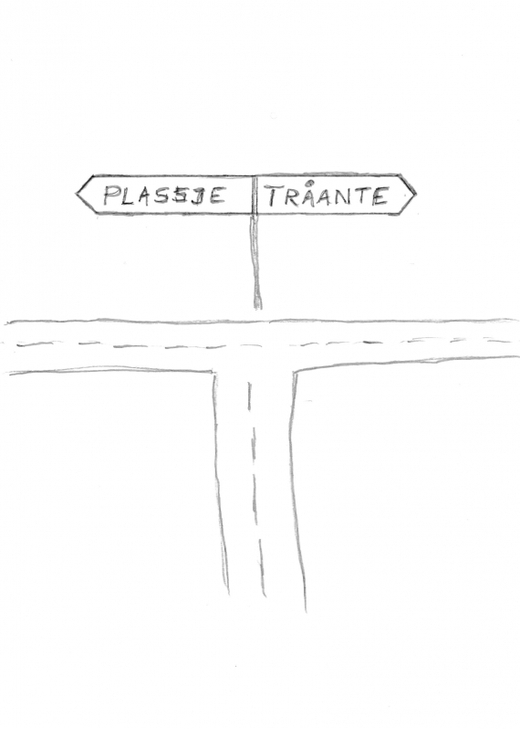 Tegning av et vegkryss med skilt som peker mot Plassje og Tråante.