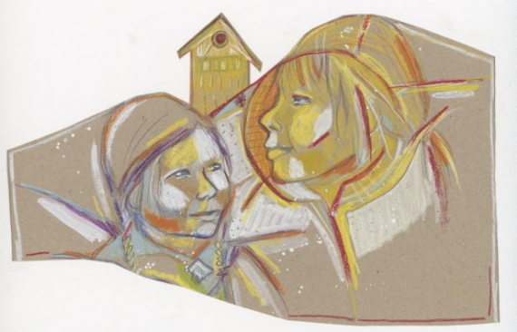 Kunstverk med motiv av ansikter og kirke i bakgrunnen.