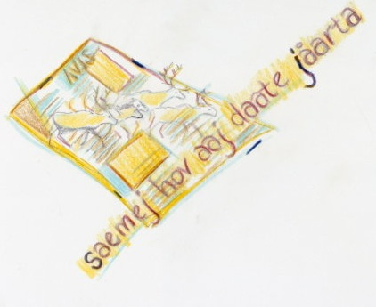 Kunstverk med motiv av reinflokk på en avis og tekst.