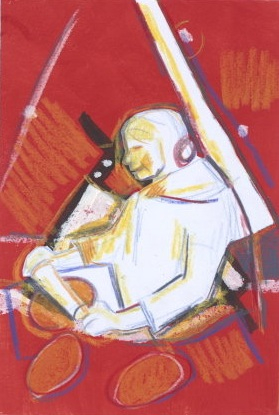 Kunst med motiv av en som holder på med noe med hendene.