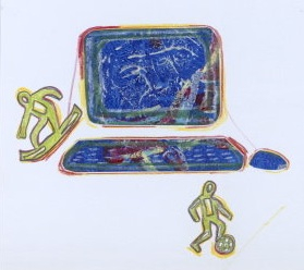 Kunstverk med motiv av datamaskin og to små figurer som leker ved siden av.