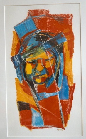 Foto av kunstverk med motiv av et ansikt.