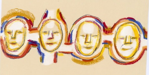 Kunstverk med motiv av fire ansikter