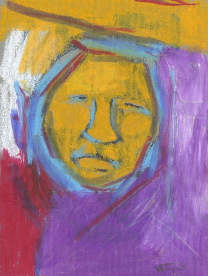 Kunstverk med motiv av et ansikt. 