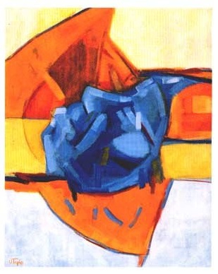 Foto av et fargerikt kunstverk, med motiv av et ansikt.