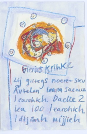 Kunstverk med motiv av ansikter og tekst.