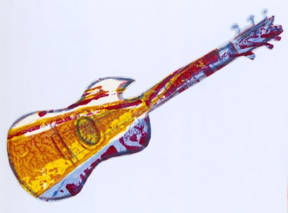 Kunstverk med motiv av en gitar.