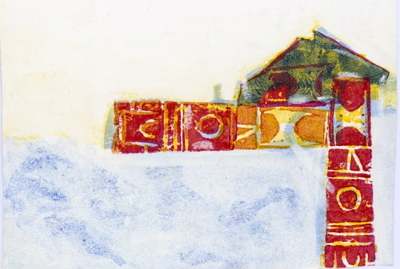 Kunst med motiv av et hus. 