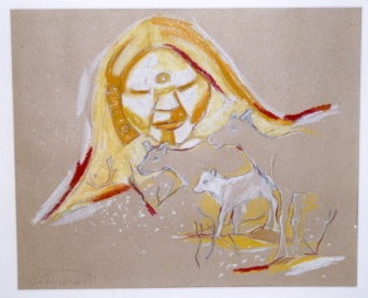 Kunstverk med motiv av et ansikt og en simle med kalv. 