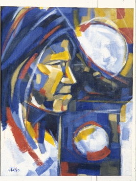 Kunstverk med motiv av et ansikt.