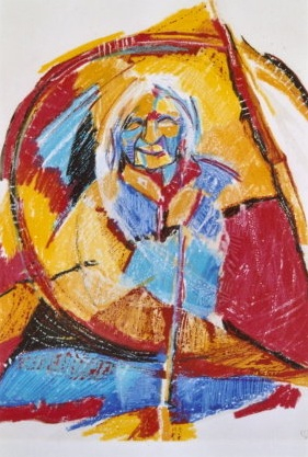 Kunstverk med motiv av en eldre mann.