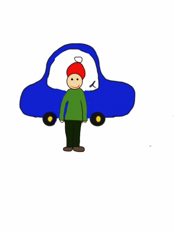 Tegning av en gutt som står foran siden av bilen.