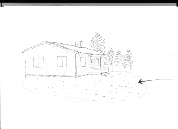 Tegning av et hus med fokus på gårdsplassen.