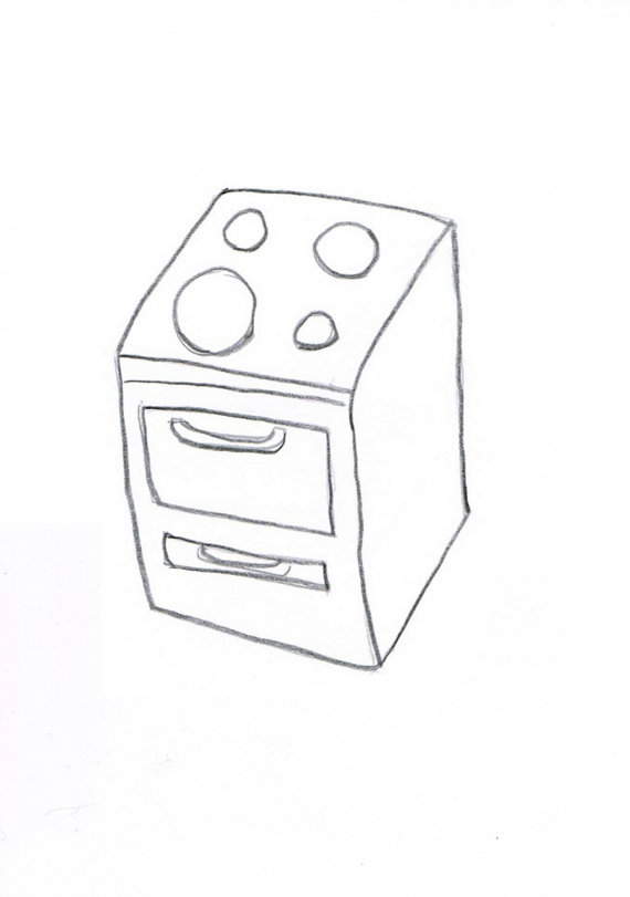 Tegning av en komfyr med fire plater.