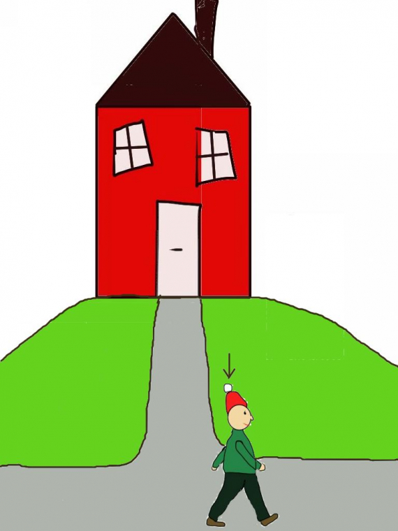 Tegning av en mann som går nedenfor et hus.