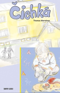 Omslag av barneboka Čiehká, med tegning av en liten gutt som gjemmer noe i skoen.