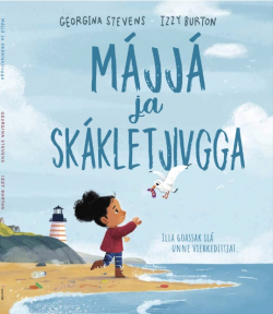 Bokomslag. Illustrasjon av en liten jente som er på stranden med en måke.