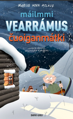 Omslag av boka Máilmmi vearrámus čuoiganmátki, med bilde av to gutter på skitur.