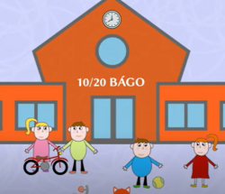 Tegning av barn foran en skole.