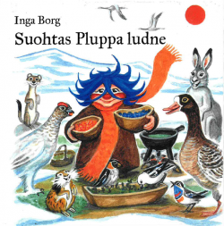 Omslag av barnebok med tittelen suohtas pluppa ludne, med tegning av en fantasifigur og dyr i skogen.