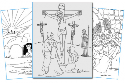 Tegninger av påskefortellingen klar til fargelegging.