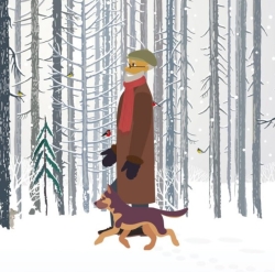 En mann som går i skogen om vinteren med sin hund.