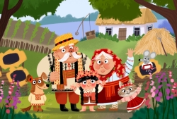 Bilde av en familie, med hund, katt og en mus tilstede.