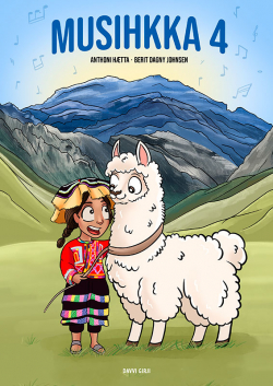 Omslag av boka Musihkka 4 med tegning av en jente og en lama.