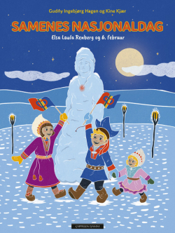 Omslag av boka samenes nasjonaldag med tegning av en gutt og en jente i kofte som viser det samiske flagget.
