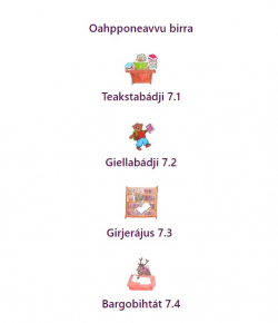 Bilde av en nettside med  nordsamiske overskrifter for temaer.
